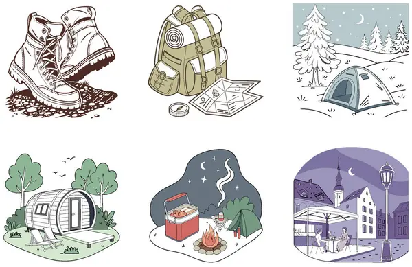 Kamp Araştırması. Bir Delil Paketi ve Gizem Koleksiyonu Çizimleri. Al, Image Set 'i oluşturdu. Clipart çizgi film deisgn simgeleri