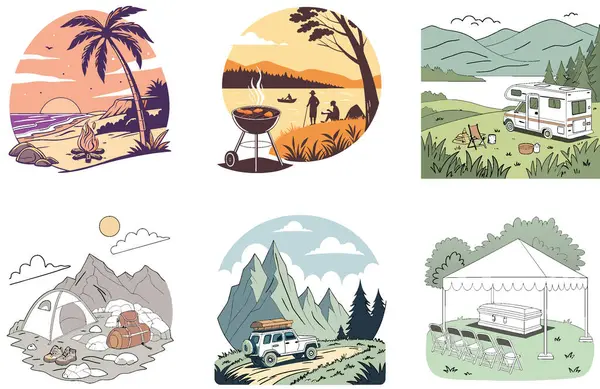 Kamp Macerası. Bir demet Güçlü ve Temel Koleksiyonlar Çizimleri. Al, Image Set 'i oluşturdu. Clipart çizgi film deisgn simgeleri