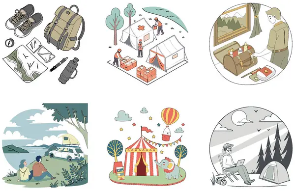 Kaçış Kampı. Bir Serenity and Adventure Collection Illustrations paketi. Al, Image Set 'i oluşturdu. Clipart çizgi film deisgn simgeleri