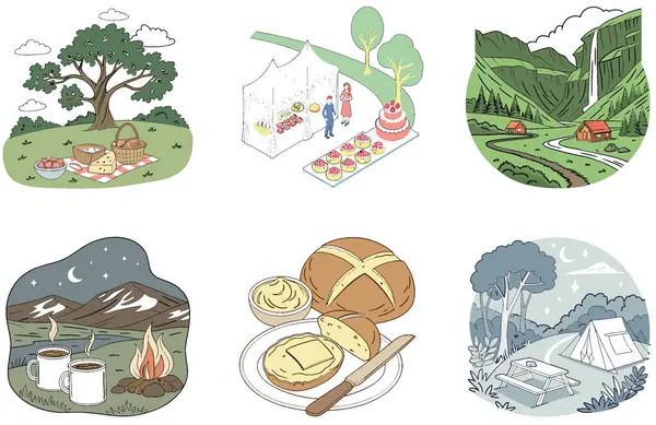 Kamp pikniği. Bir Serenity ve Taze Hava Koleksiyonları paketi. Al, Image Set 'i oluşturdu. Clipart çizgi film deisgn simgeleri