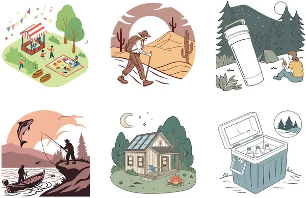 Kamp Macerası. Bir demet Manzaralı ve Günbatımı Koleksiyonu. Al, Image Set 'i oluşturdu. Clipart çizgi film deisgn simgeleri