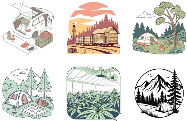 Kamp Gezisi. Özgürlük ve Manzara Koleksiyonu Çizimleri Paketi. Al, Image Set 'i oluşturdu. Clipart çizgi film deisgn simgeleri