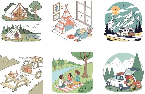 Kamp eğlencesi. Tatlı ve Samimi Koleksiyonlar Paketi. Al, Image Set 'i oluşturdu. Clipart çizgi film deisgn simgeleri