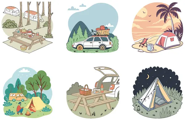 Kamp Görevi. Strateji ve Hayatta Kalma Koleksiyonları Paketi. Al, Image Set 'i oluşturdu. Clipart çizgi film deisgn simgeleri