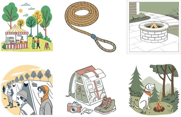 Kutlama kampı. Bir demet canlı ve şenlikli koleksiyon çizimleri. Al, Image Set 'i oluşturdu. Clipart çizgi film deisgn simgeleri