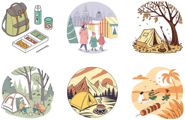 Kamp Gezisi. Gezgin Şehveti ve Günışığı Koleksiyonları Paketi. Al, Image Set 'i oluşturdu. Clipart çizgi film deisgn simgeleri