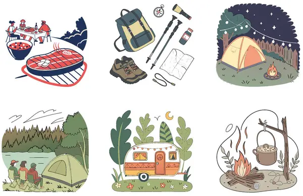 Kaçış Kampı. Bir deste Boho ve Sahil Koleksiyonu. Al, Image Set 'i oluşturdu. Clipart çizgi film deisgn simgeleri