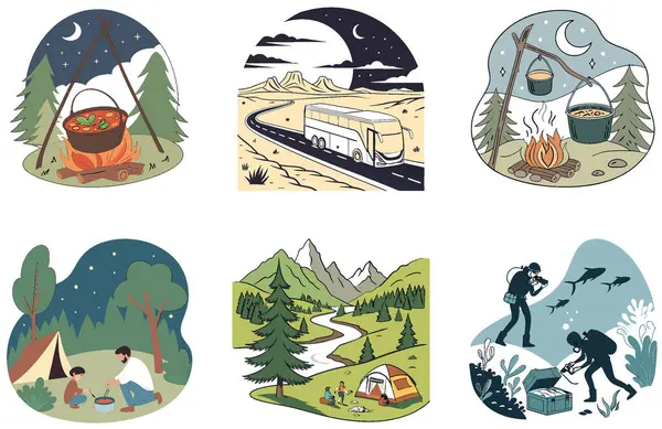 Kamp şovu. Bir deste Vibrant ve Büyüleyici Koleksiyon Çizimleri. Al, Image Set 'i oluşturdu. Clipart çizgi film deisgn simgeleri