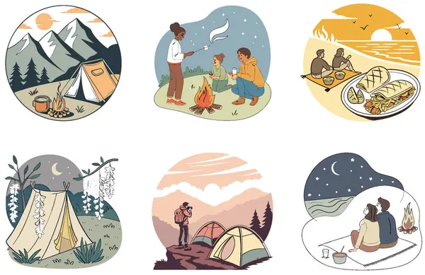 Kamp tatilleri. Cozy and Festive Collection Illustrations dergisi. Al, Image Set 'i oluşturdu. Clipart çizgi film deisgn simgeleri
