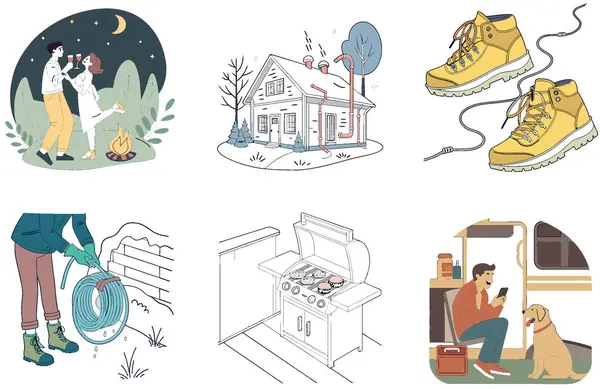 Kutlama kampı. Bir deste Kuyruk Koleksiyonu ve Birlik Çizimleri. Al, Image Set 'i oluşturdu. Clipart çizgi film deisgn simgeleri