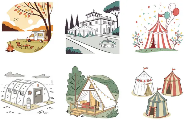 Hayatta Kalma Kampı. Sıcaklık ve Gelenek Koleksiyonları Paketi. Al, Image Set 'i oluşturdu. Clipart çizgi film deisgn simgeleri