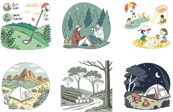Kamp Macerası. Bir Bağ ve Huzur Koleksiyonları Paketi. Al, Image Set 'i oluşturdu. Clipart çizgi film deisgn simgeleri