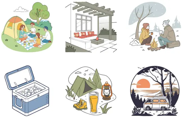 Kaçış Kampı. Bir Serenity and Tropical Collection Illustrations paketi. Al, Image Set 'i oluşturdu. Clipart çizgi film deisgn simgeleri