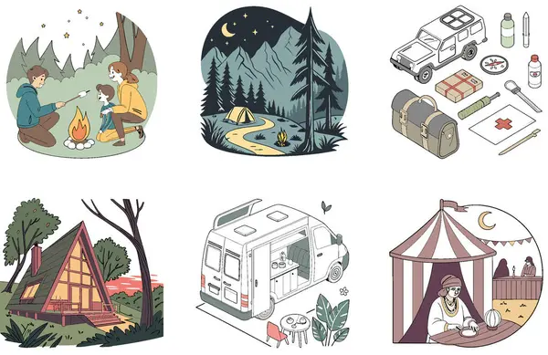 Kamp Macerası. Minimalist ve Gezgin Şehvet Koleksiyonları. Al, Image Set 'i oluşturdu. Clipart çizgi film deisgn simgeleri
