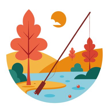 Sakin bir nehrin kenarında dinlenen olta kamışı. Sonbahar yapraklarıyla çevrili yapay zeka üretildi. Vektör simgesi