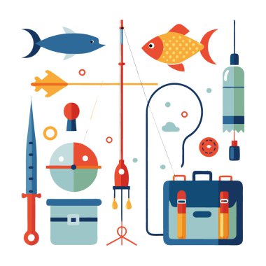Balıkçılık Vitesi Çizimi. Kancalar. Çubuklar. Makaralar. Alet çantası. ve daha fazlası. Yapay zeka üretildi. Vektör simgesi