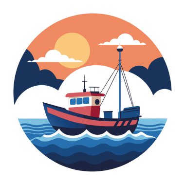 Gün batımında Kuzey Denizi 'nde yüzen balıkçı teknesi. - Evet. Yapay zeka üretildi. Vektör simgesi