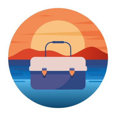 Balık oltası gün batımında kıyıda dinlenir. Sakin suları yansıtıyor. Yapay zeka üretildi. Vektör simgesi