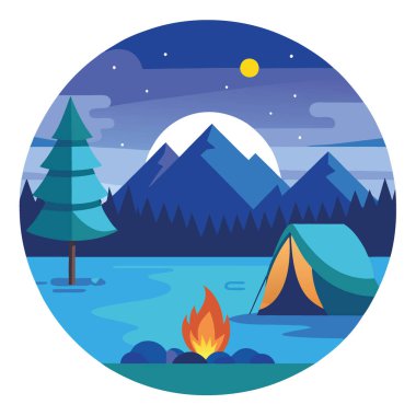 Alacakaranlıkta kamp ateşi olan göl kenarındaki çadırda. Huzurlu doğal ortam yapay zeka üretildi. Vektör simgesi