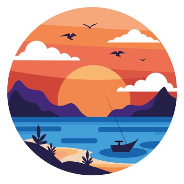 Gün batımında sakin sularda uçan kuşların oluşturduğu sakin bir balık avı sahnesi. Vektör simgesi