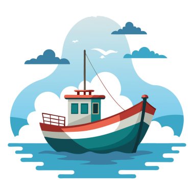 Bulutlu bir gökyüzünün altında sakin sularda yüzen yıpranmış bir balıkçı teknesi yapay zeka oluşturdu. Vektör simgesi