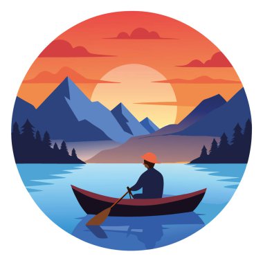 Gün batımında sakin gölde kürek çeken ve arka planda dağlar olan bir adam yapay zeka üretiyor. Vektör simgesi