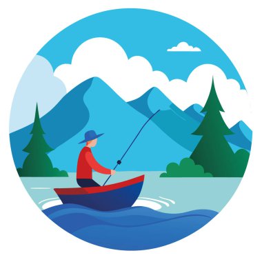 Gölün ortasında teknede balık tutan biri. Resim sanatı. Yapay zeka üretildi. Vektör simgesi