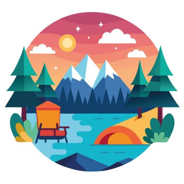 Gün batımı manzarası. Göl. Orman. Çadır. Araç. Çiçekler. Sandalyeler. Kamp ateşi... yapay zeka üretildi. Vektör simgesi