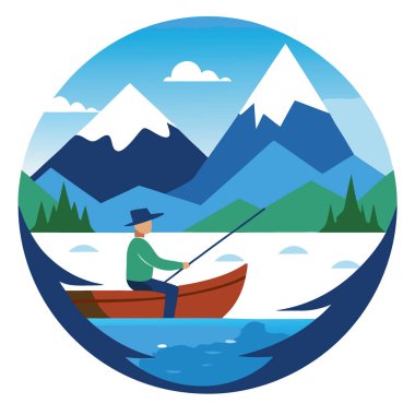 Bir adam gölde arka planda dağlar olan bir teknede balık tutuyor. Yapay zeka üretildi. Vektör simgesi