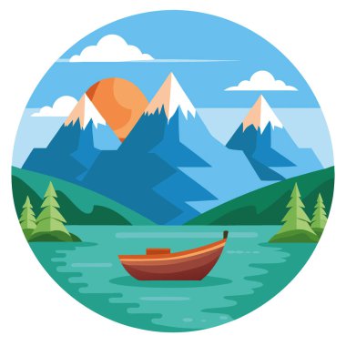 Huzurlu gölde tekne macerası. Büyüleyici dağlar doğa fotoğrafçılığı. Yapay zeka üretildi. Vektör simgesi