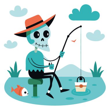 Suyun kenarında balık tutmanın keyfini çıkaran tuhaf bir iskelet. Yapay zeka üretildi. Vektör simgesi