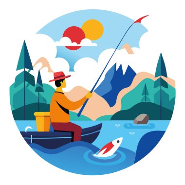 Balık tutma gezisi. canlı renkler. Manzaralı yollar. Dinamik hareket. Davetli. Yapay zeka üretildi. Vektör simgesi