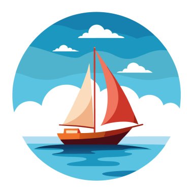 Yapay zekanın yarattığı güzel gökyüzünün altında sakin sularda süzülen yelkenli. Vektör simgesi