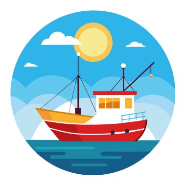 Çubuklu bir balıkçı teknesi. Parlak bir gökyüzünün altında geniş bir okyanusa bakan yapay zeka. Vektör simgesi