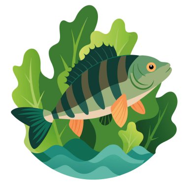 Büyük bir levrek durgun sudaki yemyeşil bitkilerin arasında zarifçe yüzer. Yapay zeka üretildi. Vektör simgesi