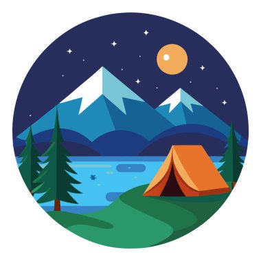 Yıldızlı gökyüzünün altında sakin göl kenarında kamp çadırı. Huzurlu bir akşam sahnesi yaratıldı. Vektör simgesi