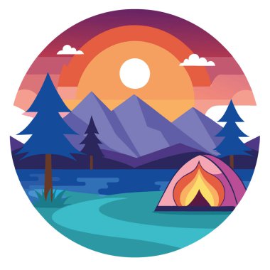 Huzurlu göl kenarında kamp çadırı ve renkli günbatımı gökyüzünün altında yapay zeka oluşturuldu. Vektör simgesi