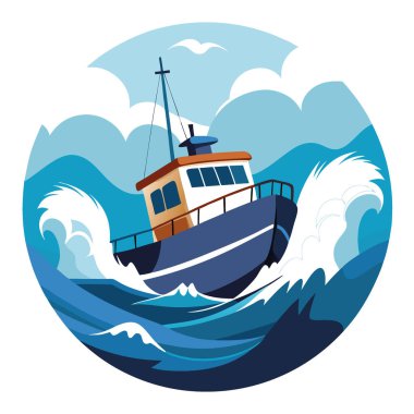 Dalgaların arasında yüzen bir balıkçı teknesi. Dramatik okyanus sahnesi yapay zeka oluşturdu. Vektör simgesi