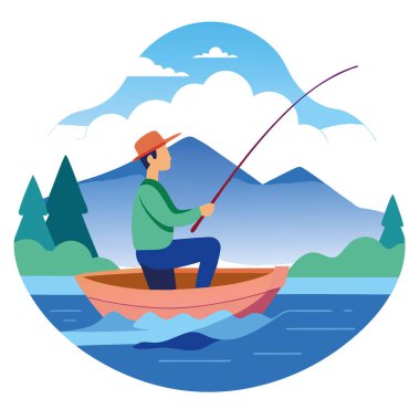 Balık tutma anı. Tekneden Manzaralı Göl 'e Adam Dökme Çubuğu. İllüzyon. Yapay zeka üretildi. Vektör simgesi