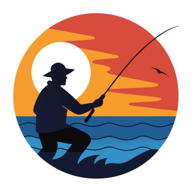 Balıkçılar gün batımında balık tutarken dalgalı sularda olta atıyorlar. Yapay zeka üretildi. Vektör simgesi