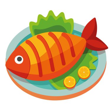 Sebzeli ızgara balık. 3D karikatür vektör simgesi. Beyaz arka plan. Yapay zeka üretildi. Vektör simgesi