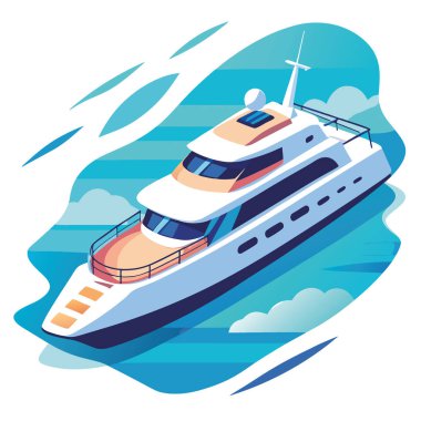 Lüks bir yat sakin sularda yüzüyor. Hava manzaralı. Canlı deniz renkleri yapay zeka üretti. Vektör simgesi