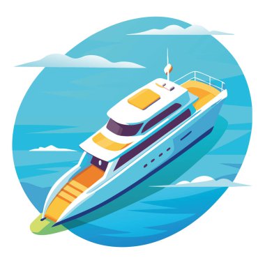 Lüks bir yat turkuaz sularda yüzüyor. Hava manzaralı. Gökyüzü açık, yapay zeka üretildi. Vektör simgesi