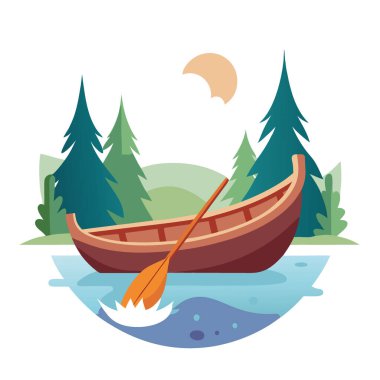 Sakin suda süzülen ahşap kano. Yapay zekanın oluşturduğu sisli ormanlarla çevrili. Vektör simgesi