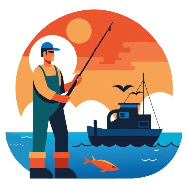Güneşin doğuşunda heyecan verici bir balık avı için bir denizci hazırlığı. Yapay zeka üretildi. Vektör simgesi