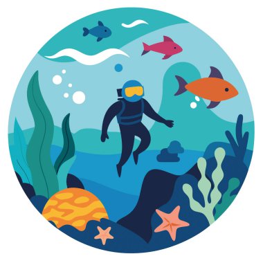 Dalgıcın gözlerinden deniz yaşamı. Suyun altındaki berraklık ve renklerle yapay zeka üretildi. Vektör simgesi