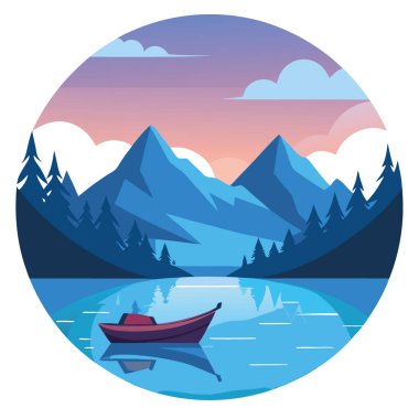 Durgun bir dağ gölü ve şafak vakti durgun suda yüzen bir kano. Yapay zeka üretildi. Vektör simgesi