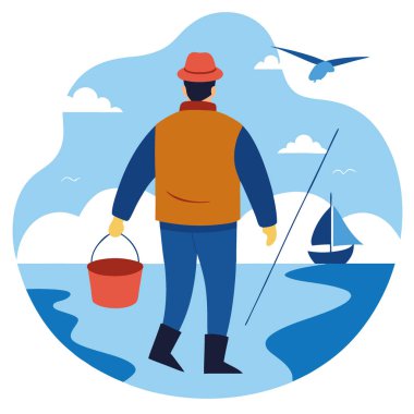 Başarılı bir balık avından sonra eve dönen bir balıkçının arka görüntüsü. Yapay zeka üretildi. Vektör simgesi