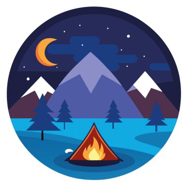 Huzurlu bir gölün kıyısında karamsar bir gece gökyüzünün altında sıcak bir ateş bulunan kamp çadırı yapay zeka oluşturdu. Vektör simgesi