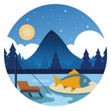 Geceleyin Sazan Balıkçılığı Macerası Alacakaranlık 'taki Serene Gölü' nde kal. Yapay zeka üretildi. Vektör simgesi